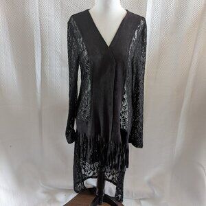 Simon Chang Black Lace Crochet Duster Faux Suede Fringe Trim Size 10 Whimsigoth